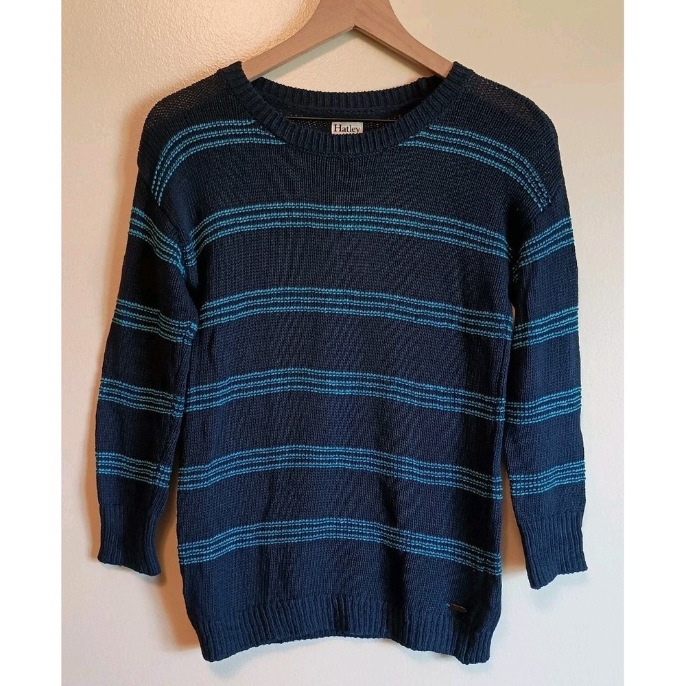 Hatley Womens Small Navy Turquoise Striped Cotton Knit Crewneck Sweater NWT